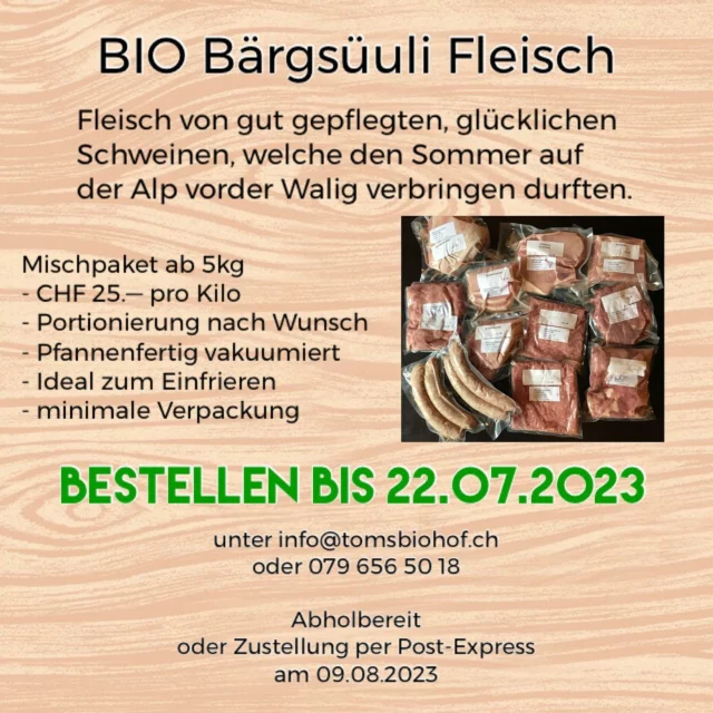 Bio Schweinefleisch von der Alp
Ein Mischpaket à 10kg beinhaltet ca. folgende Stücke: Koteletten, Plätzli vom Nierstück, Braten, Ragout, Spareribs oder Speck geräuchert roh, Geschnetzeltes, Hackfleisch, Bratwürste und je nach Bestellmenge Filet und gratis wenn gewünscht Blutwurst
#Biosuisse #biofleisch 
@local_heroes_ch