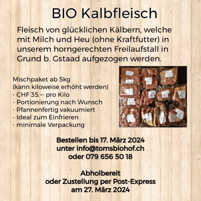 Bio Kalbfleisch
Ein Mischpaket à 10kg beinhaltet ca. folgende Stücke: Filet oder Chinoise, Steak, Kotelett, Plätzli, Braten, Ragout, Geschnetzeltes, Hackfleisch, Kalbsbrust und oder Haxen
#biofleisch #schweizerfleisch #nosetotail 
@local_heroes_ch