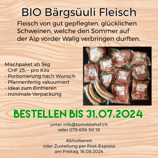 Ein Mischpaket à 10kg enthält:
Koteletten, Plätzli vom Nierstück, Braten, Ragout, Spareribs oder Bratspeck, Geschnetzeltes, Hackfleisch, Bratwürste und je nach Bestellmenge Filet
#schweizerfleisch #biosuisse